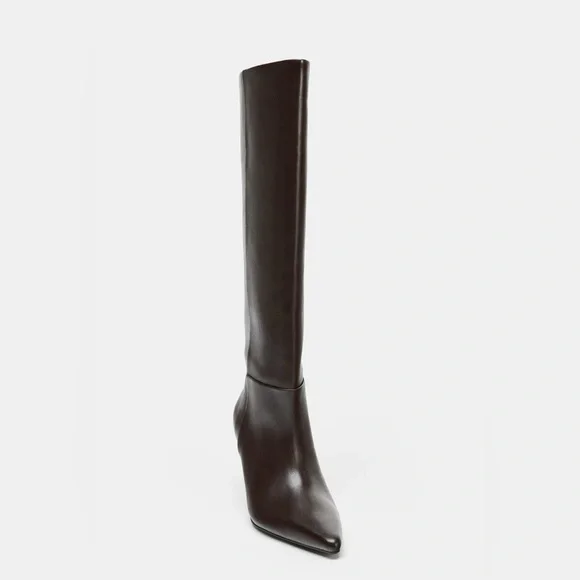 Zara Chocolate Brown Vegan Knee-High Pointed-Toe Boots with Heels. Size 6. - Picture 3 of 9